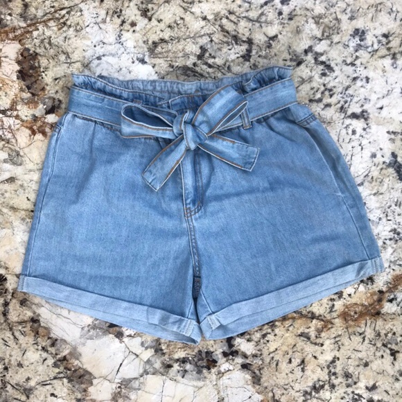 high waisted denim tie shorts